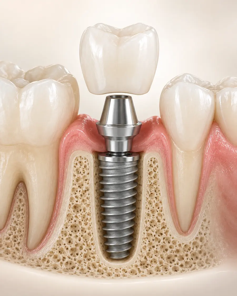 Ilustração de um implante dentário com coroa